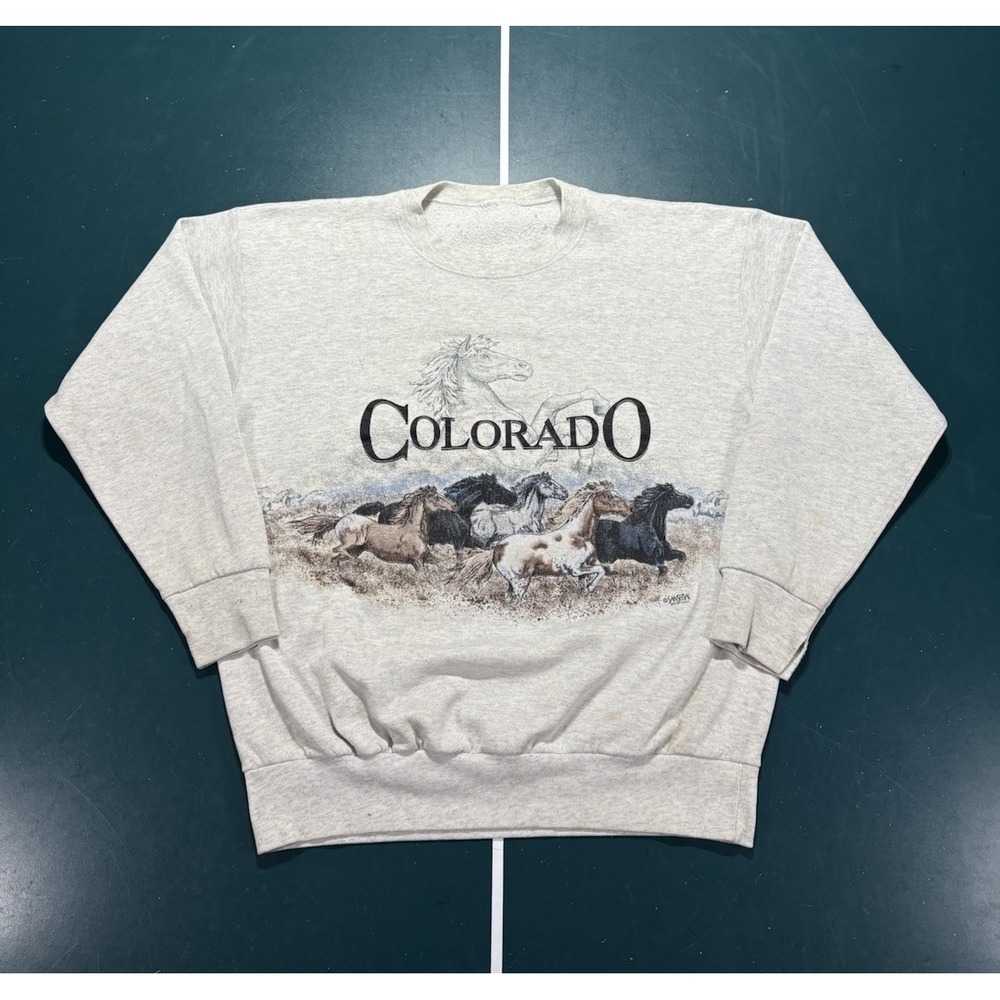 Vintage 90s Colorado Running Horses Wrap Around Crewneck Sweatshirt Large AOP